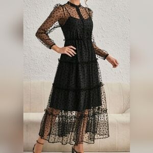 SHEIN Privé Allover Heart Mesh Overlay Ruffle Hem Dress